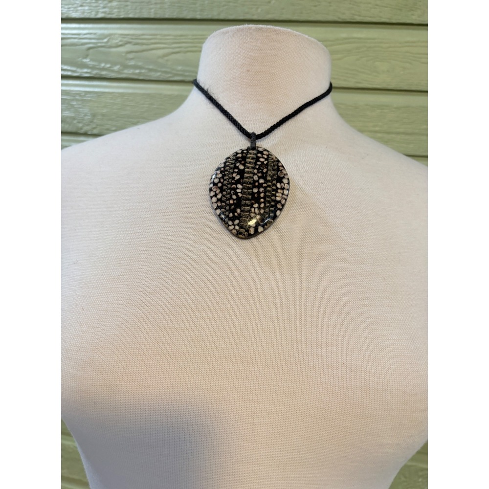 Handcrafted Coconut Shell Pendant Necklace Black Cream Inlaid Braided Cord 18in